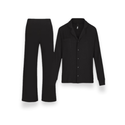 SKIMS soft lounge sleep set in onyx featuring ribbed fabric for cozy comfort and relaxed fit.