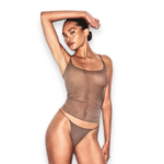 Model wearing micro bikini skims in truffle color with ultra-fine mesh and logo string straps